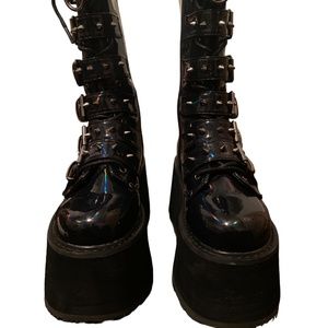 DEMONIA BOOTS DAMNED 225 BLACK HOLOGRAM KNEE HIGH MID-CALF PLATFORM BOOTS SIZE 8